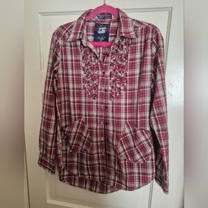 Uniqie Red Plaid Button-Up Shirt with Emblishments 19ptp